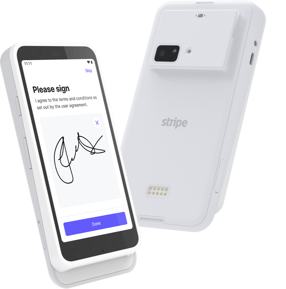 Stripe Reader S710, front and back, on its dock